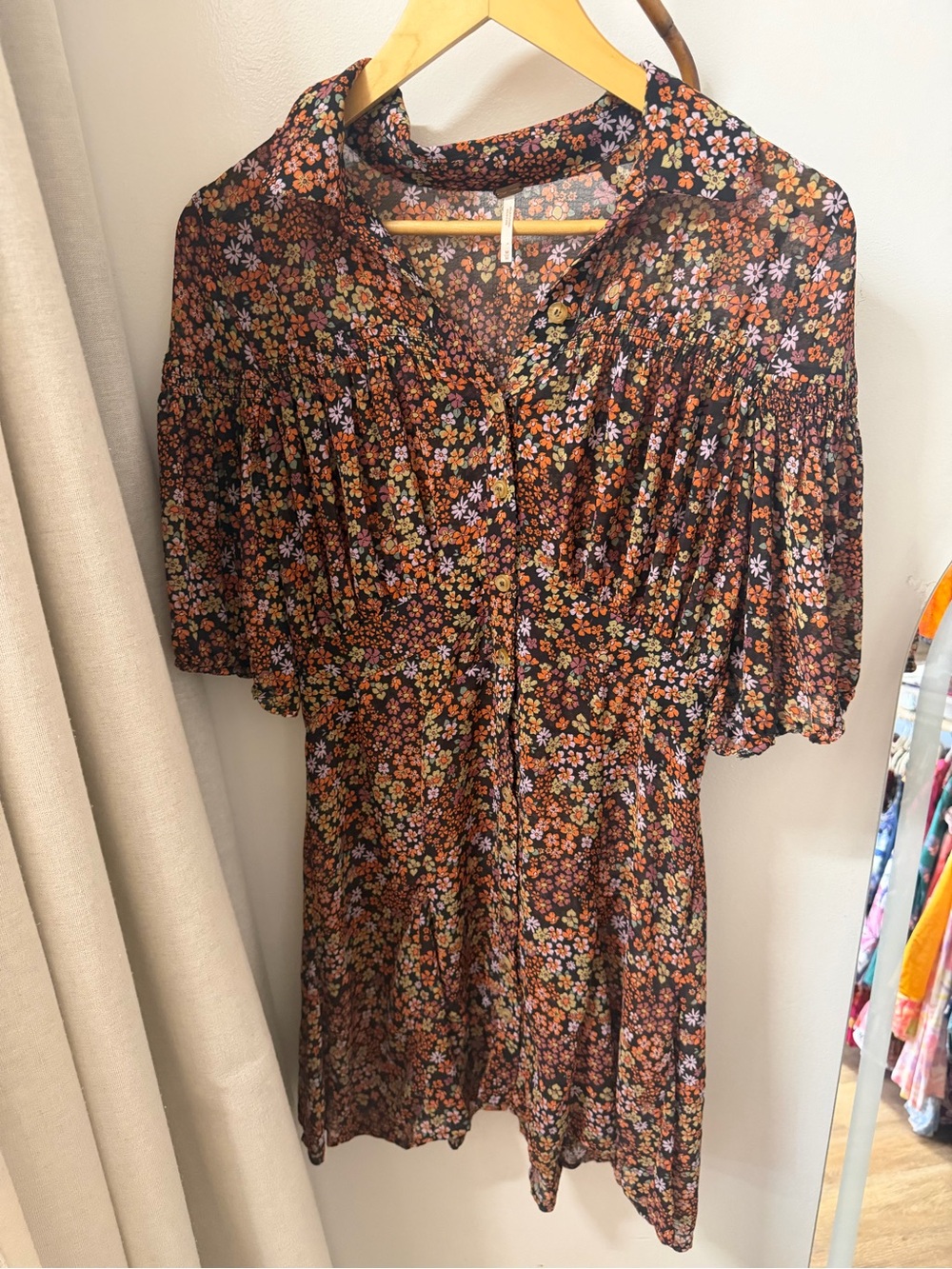 Free People Black Floral Button-Front Mini Dress